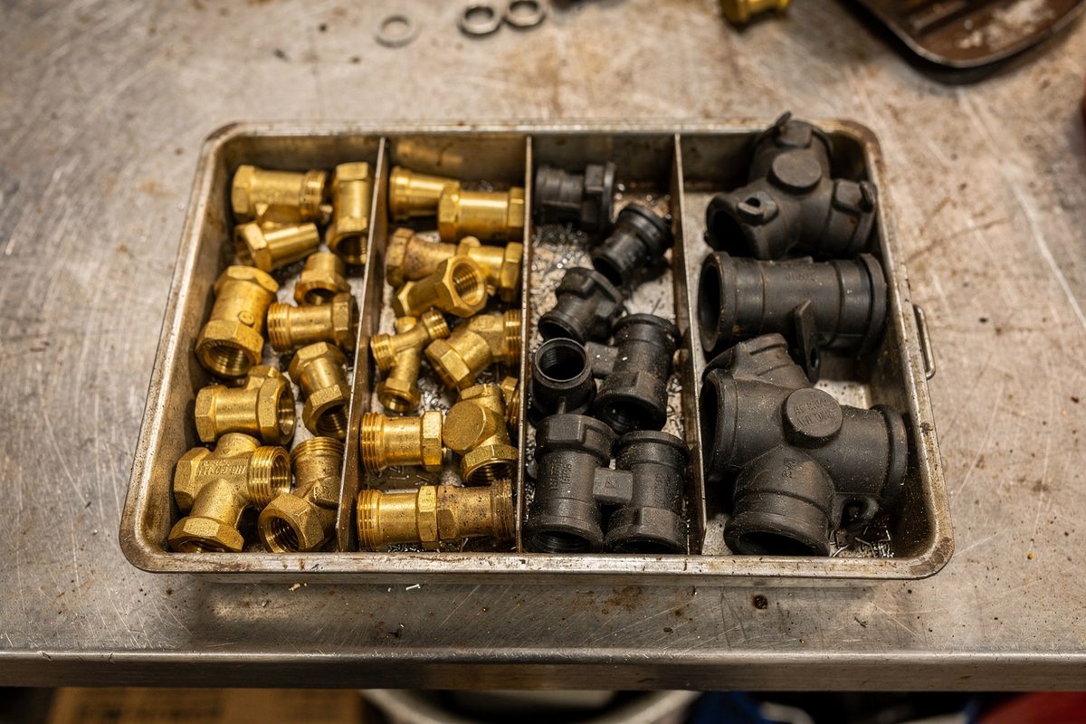 A parts tray of brass and polypropylene camlock fittings sorted by size